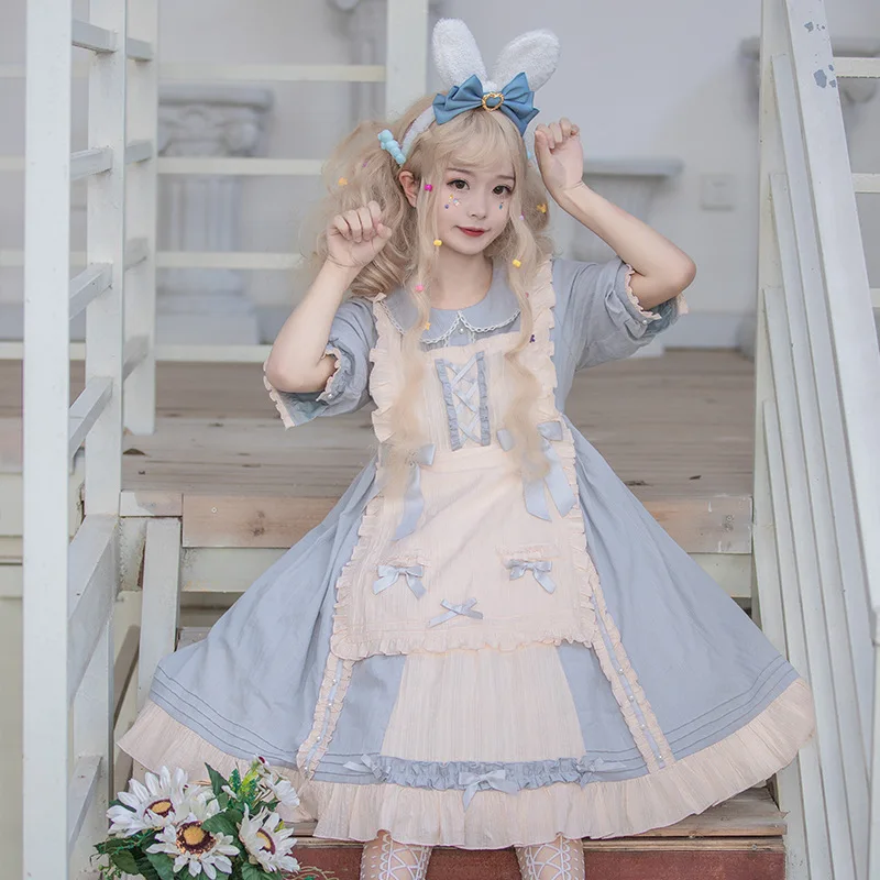 

Sweet Cream Women's Lolita OP Dress Half Sleeve Dress Cute Flouncing Ruffles&Bows Trim Patchwork Dress One Piece Pink Blue