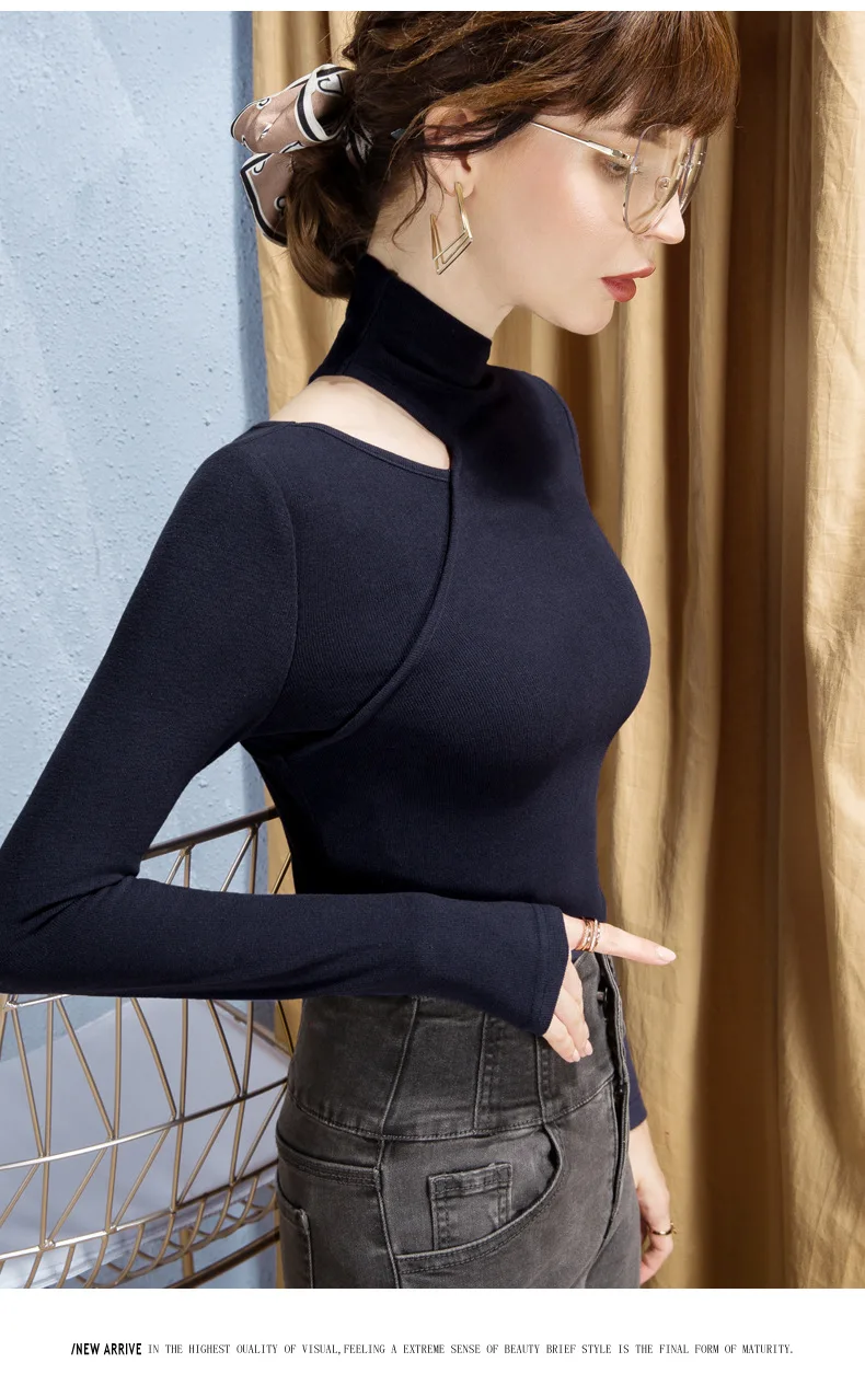 Women Long Sleeve T-shirt Skew Collar Black  Navy Blue Women's Top Spring Autumn  Solid Color  Lady Clothing