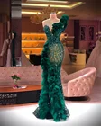 Платье-русалка в пол из органзы с одним открытым плечом, кружевное зеленое платье знаменитости с бисером