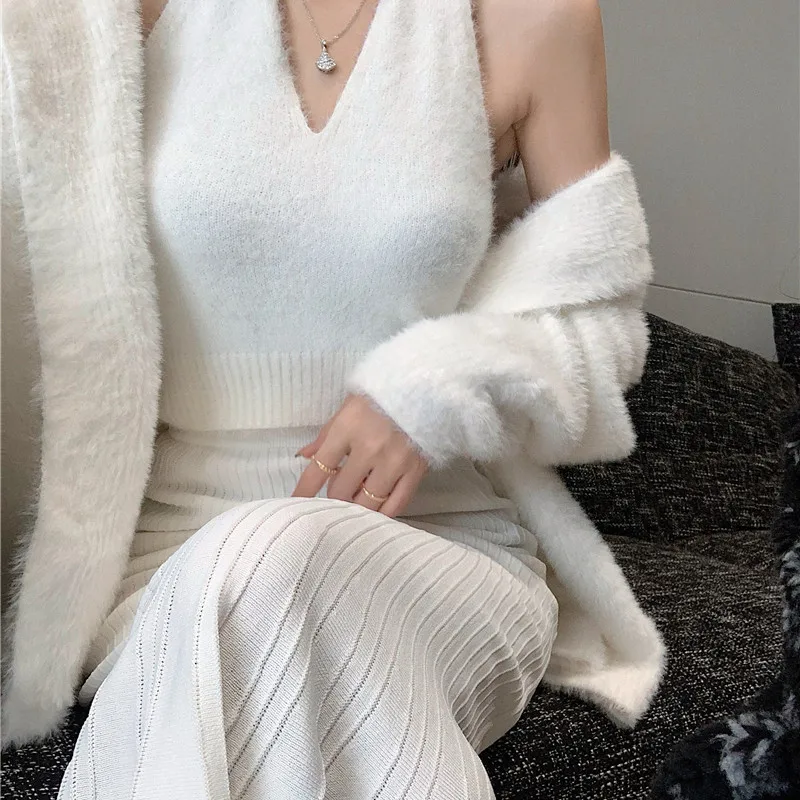 Vintage White Knitted 3 Three Piece Set Women Long Sleeve Furry Knit Jacket + Halter Vest and Fishtail Skirt Sets |