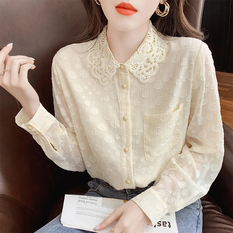 

Chiffon Loose Women's Shirts New Fashion Blouses Printing Polo Collar Shirt Spring Casual Long Sleeve Blusas Houthion