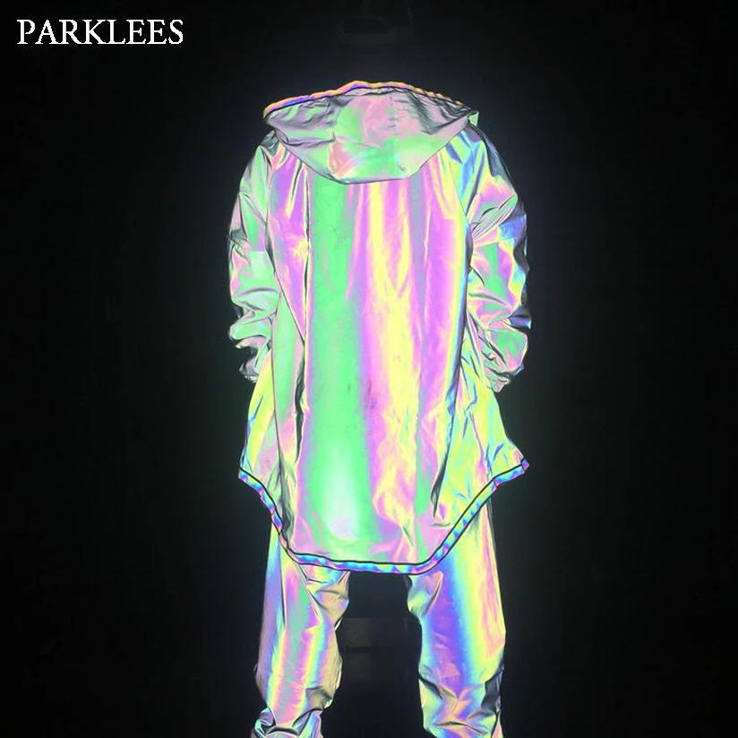 Reflective Trench Coat Men Brand Hip Hop Dance Fluorescent Mens Jackets and Coats Harajuku Windbreaker Cloak Jaqueta Masculino