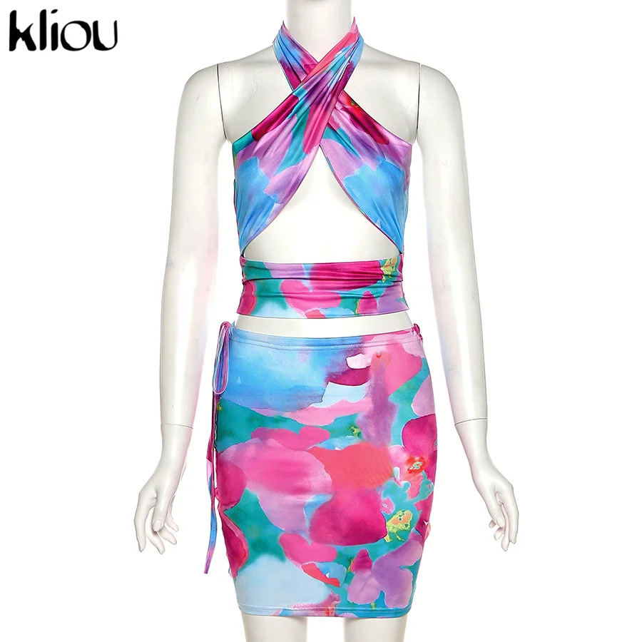 Kliou/комплект из двух предметов с принтом Женские летние майки лямкой на шее +