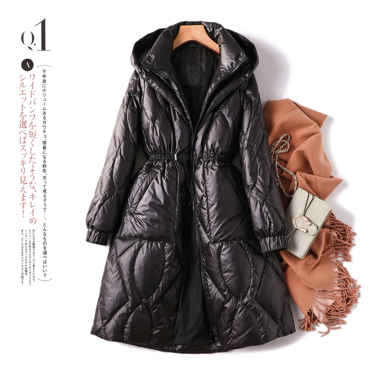 

Hood Double Layer Collar with Jacket Women's Long 90% White Duck Down Geometric Zipper High-quality Warm Coat Women