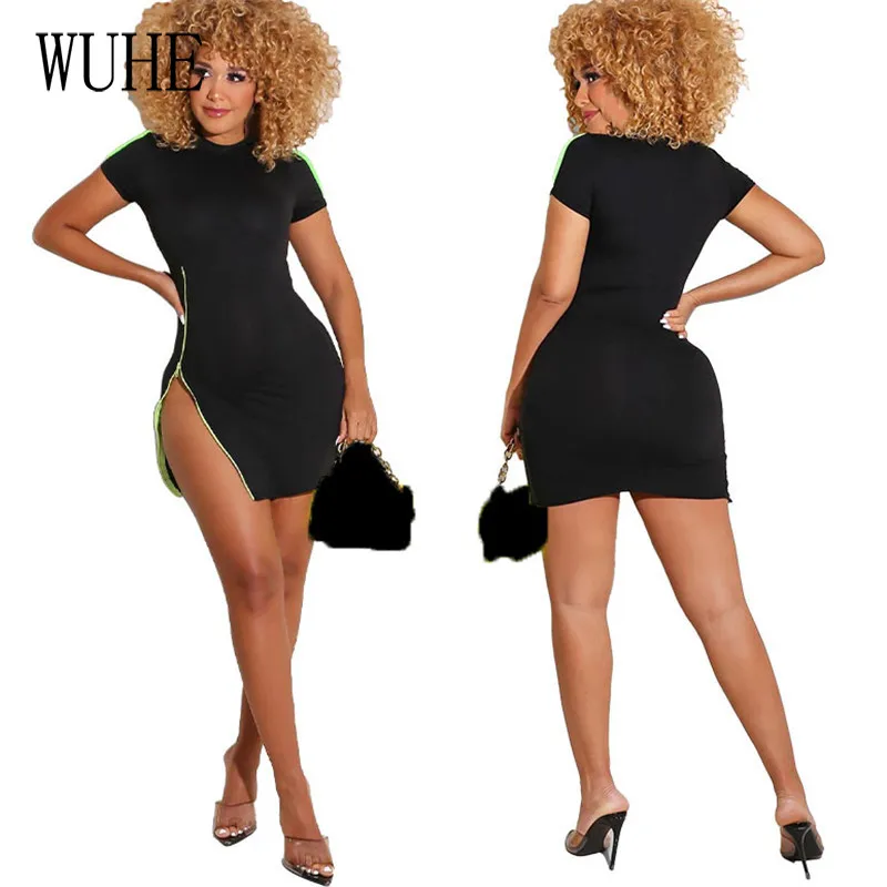

YEYA Package Hip Skinny Mini Bodycon Short Sleeve O Neck Zipper Side Split Elegant Women Office Work Casual Party Pencil Dress