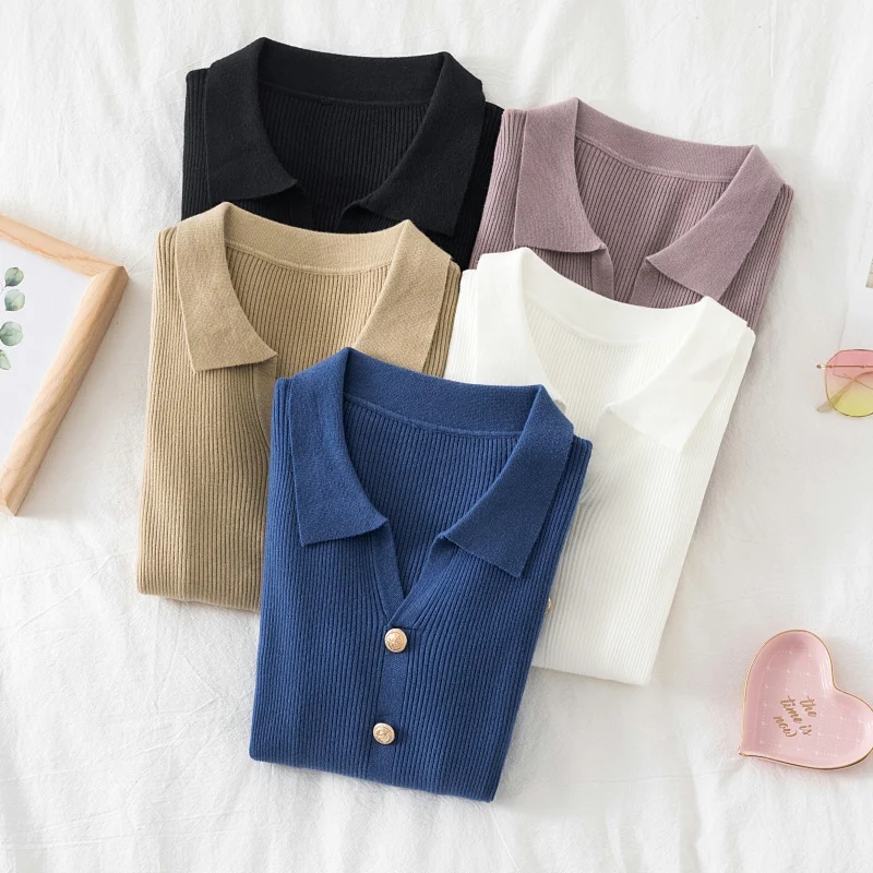 

Chic Women Lapel Buttons Thicken Warm Sweaters Tops Slim Female Pullovers Knitted Casual Sweater Jumpers Spring Autumn 2022 S194