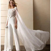 wedding dress jumpsuit with wrap jewel neck floral appliqued short sleeves bridal gowns open back sash for women lady sexy