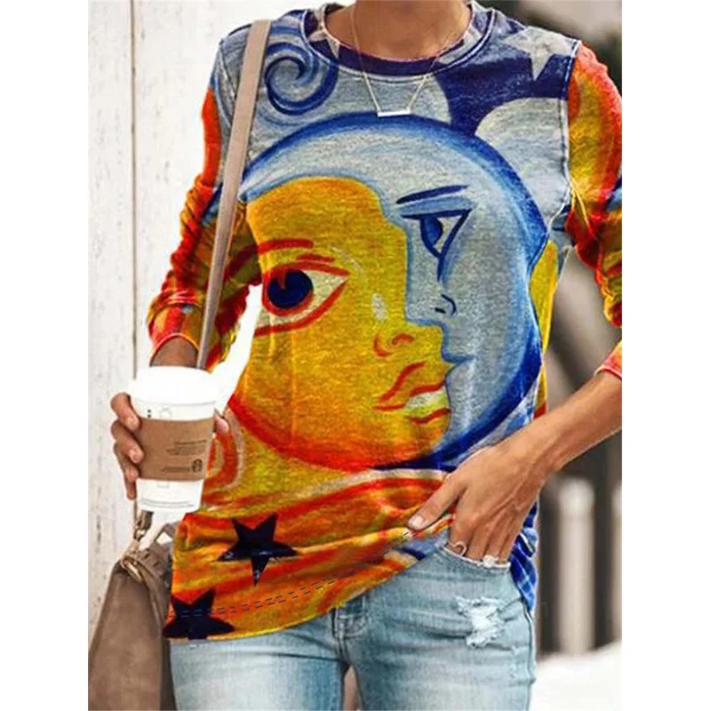 

Abstract Face Print Sweatshirts Vintage Oversized Loose O Neck Long Sleeve Pullover Fashion Tops for Women Spring Autumn 2021