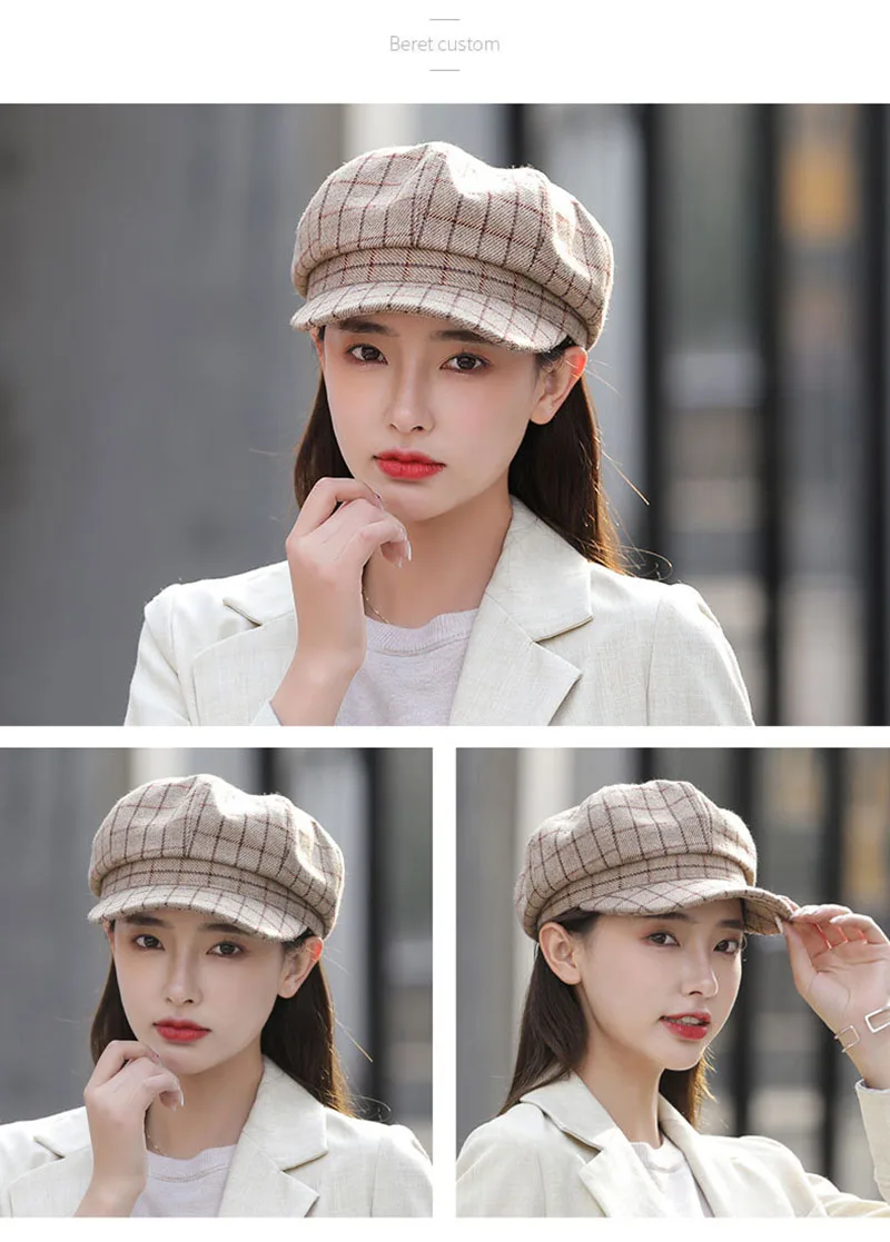 

Women Autumn Winter Vintage Octagonal Hat Newsboy Painter Hat Korean Plaid Warm Breathable Beret Caps Chapeau Femme
