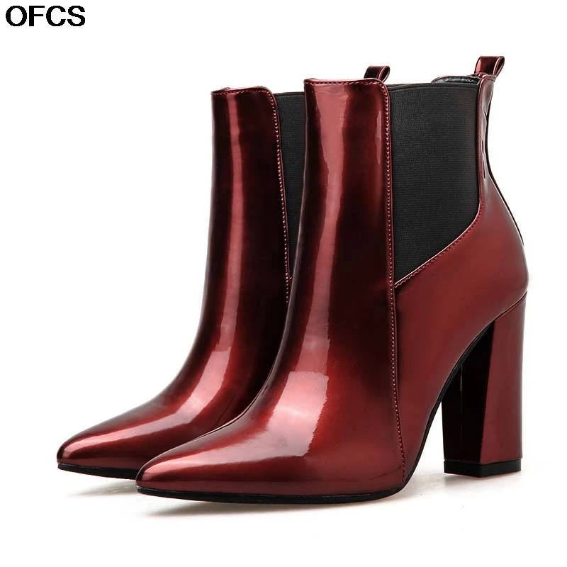 Ботильоны на высоком толстом каблуке Женские ботинки из лакированной кожи с