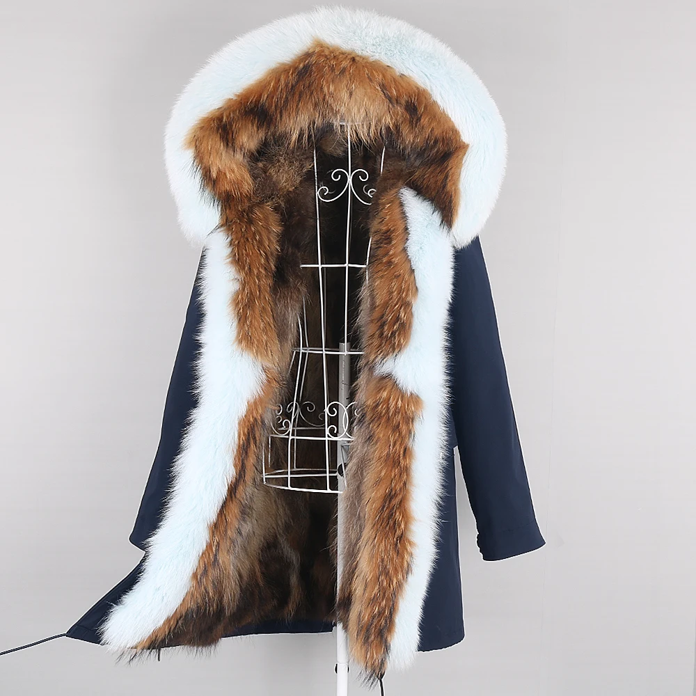 

2020 women winter long Color matching parka waterproof big natural raccoon fur collar hood thick warm real fox fur liner