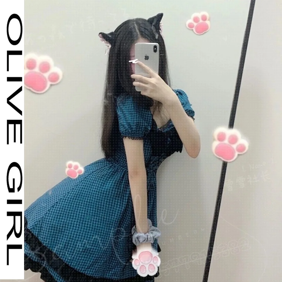 

Fashion Gothic Lolita Dress Japanese Harajuku Girls Punk Cute Puff Sleeve Blue Plaid Dress Female Vestido Cosplay Streetwear