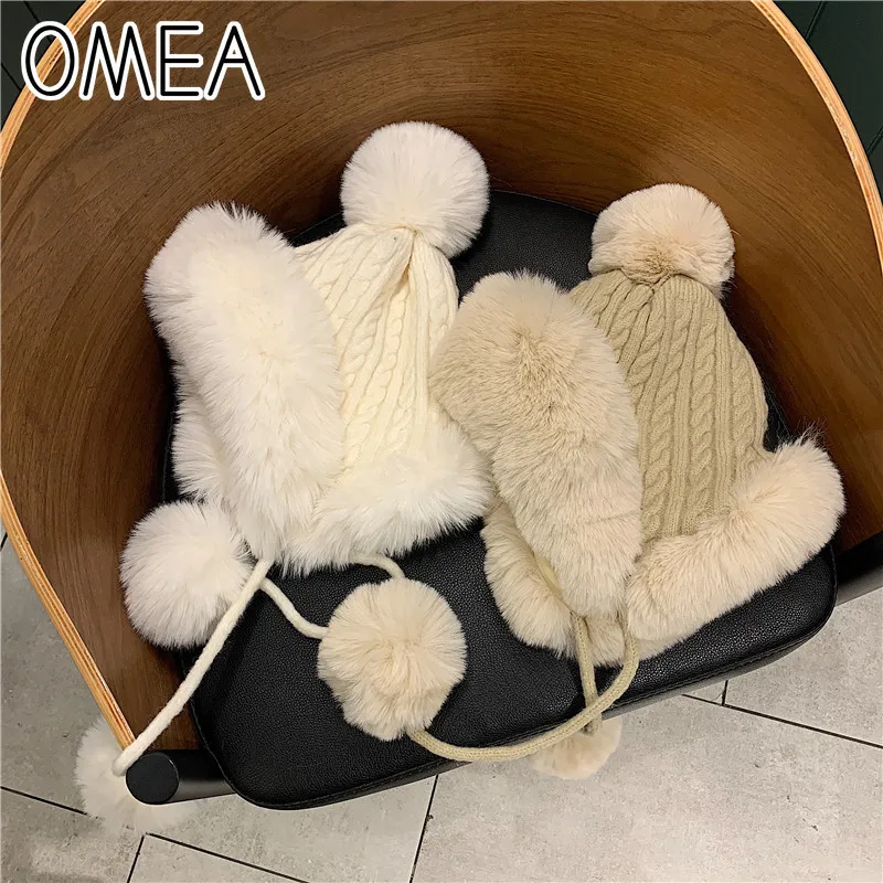 OMEA зимняя норковая меховая шапка ушанка Женская Вязаная Шерстяная Шапочка Капот