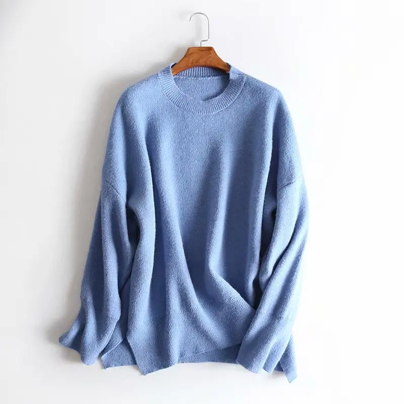 TMODA 2021 New Winter Knit Sweater Women Fashion Pullover Oneck Irregular Long Wide Loose Blue Knitted | Женская одежда