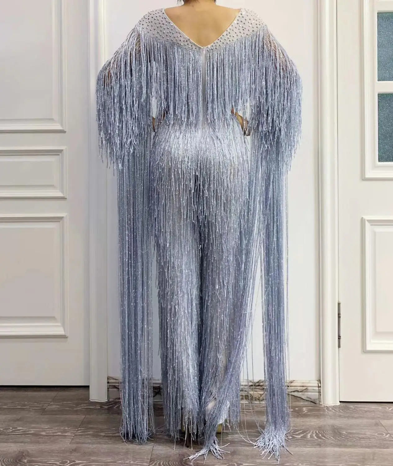 

Tassel Jumpsuit Women Singer Dancer Stage Costume Mesh Stretch Fringe Long Sleeve Bodysuit Nightclub Outfit Birthday Clothes