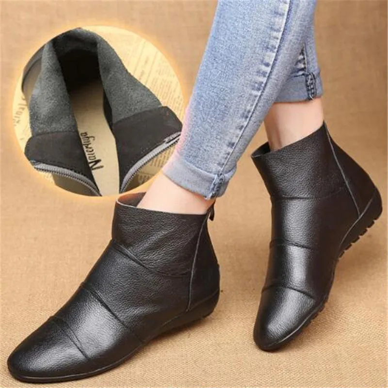 Promotion Top Soft Cowhide Single Boots Autumn Ankle Flat Sole Non-slip Casual Shoes Warm Winter Women | Обувь