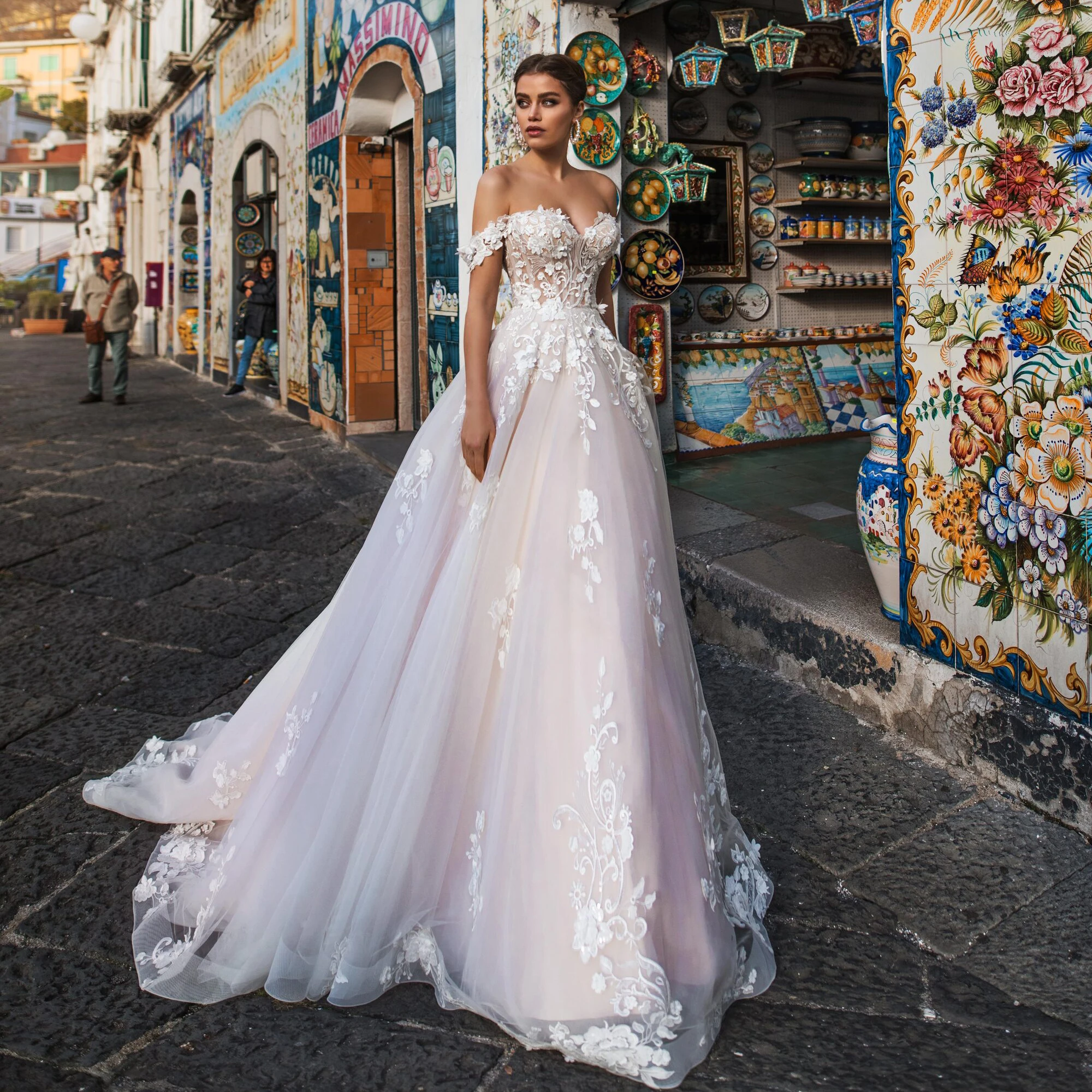 

Thinyfull 2020 Princess Wedding Dresses A Line Sweetheart Off The Shoulder Bride Dresses Tulle Lace Appliques Vestidos de novia