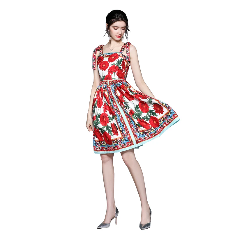 

2021 Newest Fashion Runway Summer Backless Beach Dresses Women's Bow Spaghetti Strap Gorgeous Red Rose Print Midi Dress Vestidos