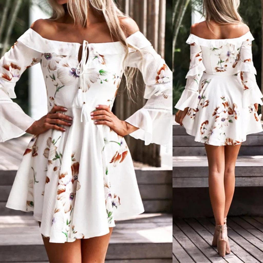 

57# Women' S Floral Printed Dress 2021 Mini Sexy Dress Womens Long Sleve Off Shouder Boho Dress Evening Party Beach Dresses