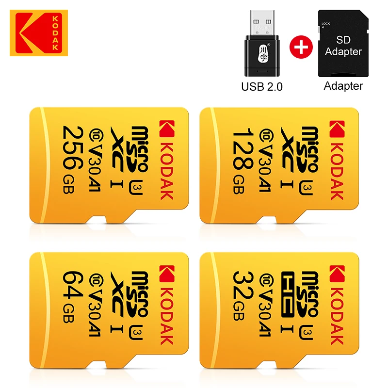 Карта памяти KODAK Micro SD, 128 ГБ, 256 ГБ, 32 ГБ, 64 ГБ, U1, TF-карта 4K, класс 10