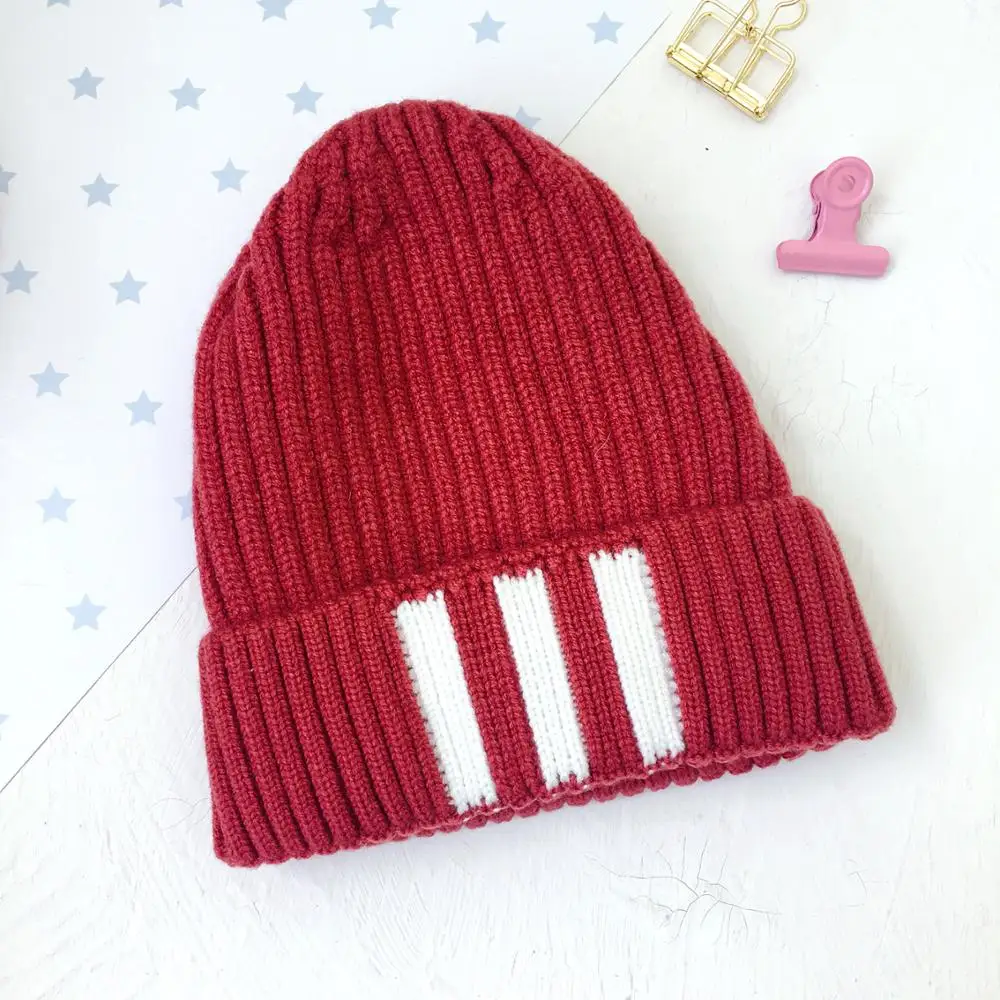 Детская шапка Skullie Beanies для мальчиков и девочек, зимняя однотонная шапка в полоску с ушками, теплые эластичные модные аксессуары