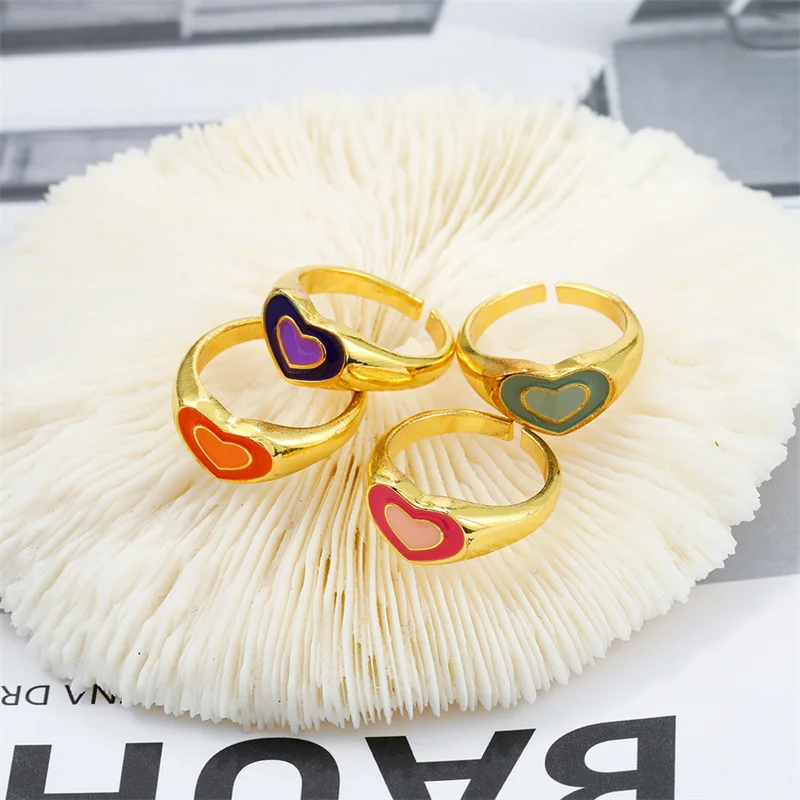

New Colorful Adjustable Ring Trendy Korean Cute Double Enamel Heart Ring For Women Teen Girls Heart Metal Rings Jewelry