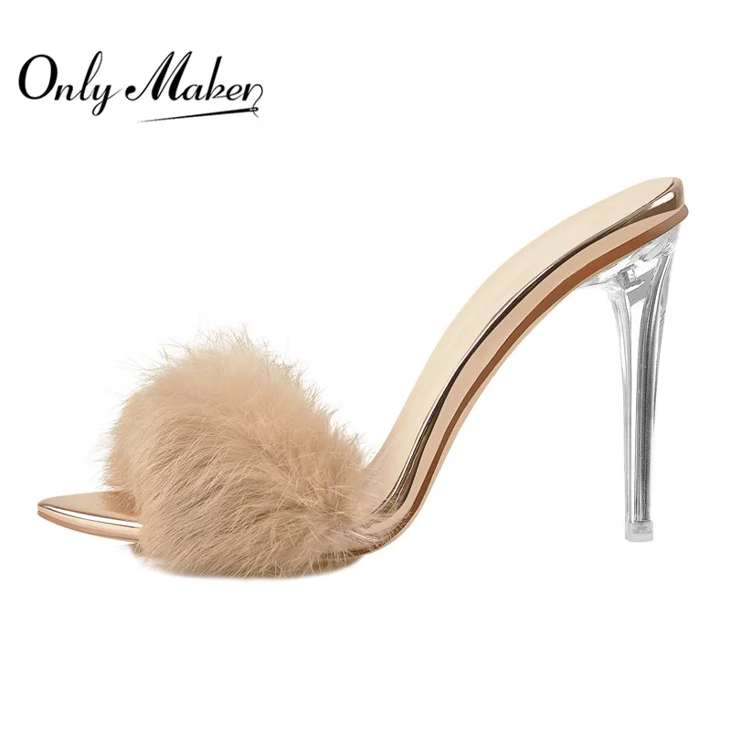 

Onlymaker Women's Peep Toe Artificial fur Mules Slip On Transparent metal Thin Heel High Sandals Big Size Sandals