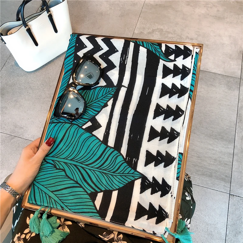 

Green leaf silk scarf female spring and summer sun protection long shawl air conditioning towel cotton linen scarf thin