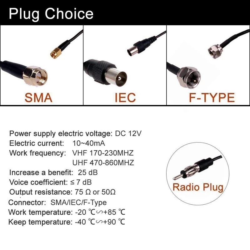 

Auto analog digital TV DVB-T TV / DVB-T2 / ATSC / BID FM Radio Antenna Signal Amplifier For Car DVD Radio SMA connectors