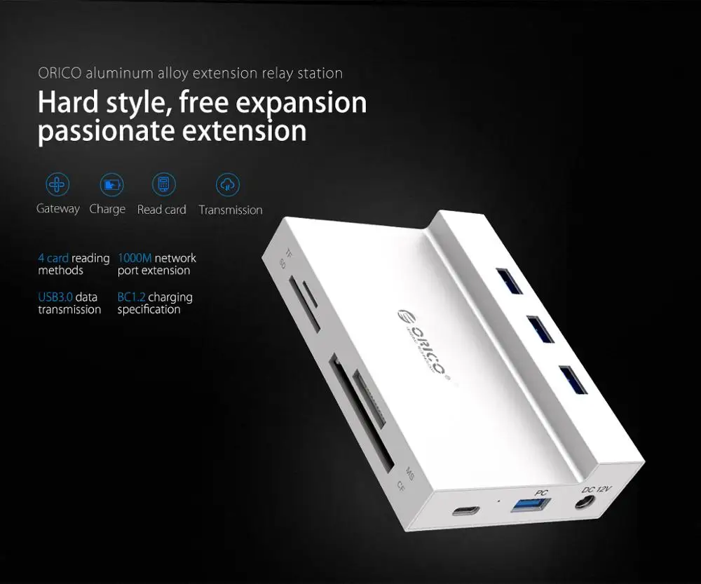 ORICO Мульти USB 3,0 концентратор для RJ45 SD/TF/ms/CF Тип C адаптер OTG сплиттер Поддержка BC1.2 Зарядка для компьютера ноутбука аксессуары