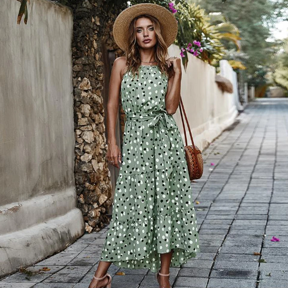 

Women Maxi Dress Boho Long Wrap Dress Deep Casual Dot Polka Summer Dress Spilt Beachwear Cover Up Dresses