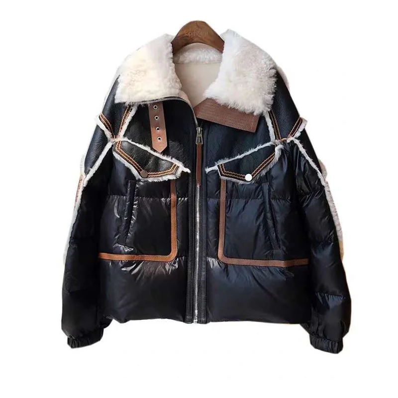 

SHZQ Women Coat Winter New Fashion Double-faced Fur Natural Real Sheep Wool Parka Down Jacket Thick Warm Turn-down Collar