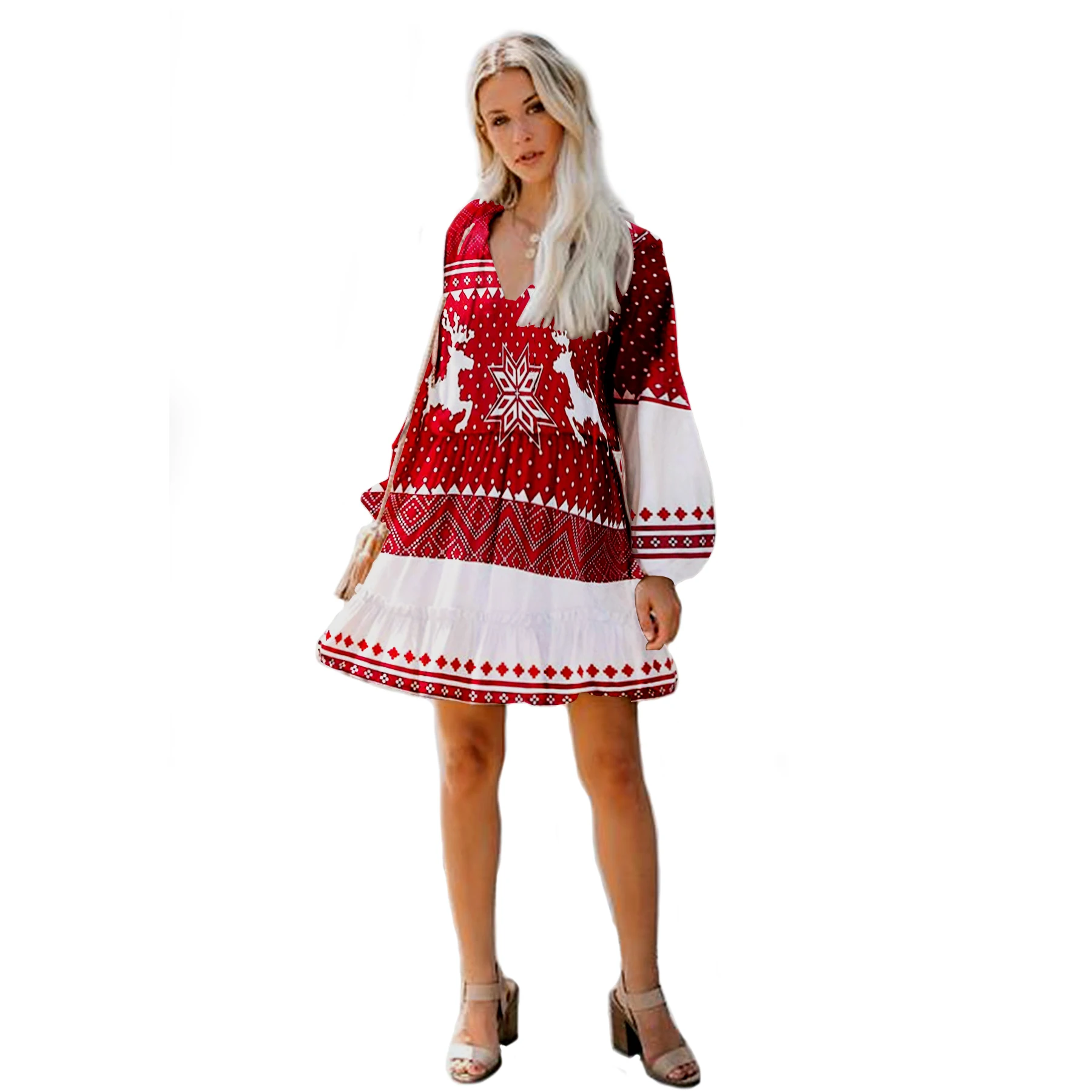 

Новинка, женское платье миди с рождественским принтом, повседневный цельный Свободный Топ с рукавами-фонариками и V-образным вырезом на вес...