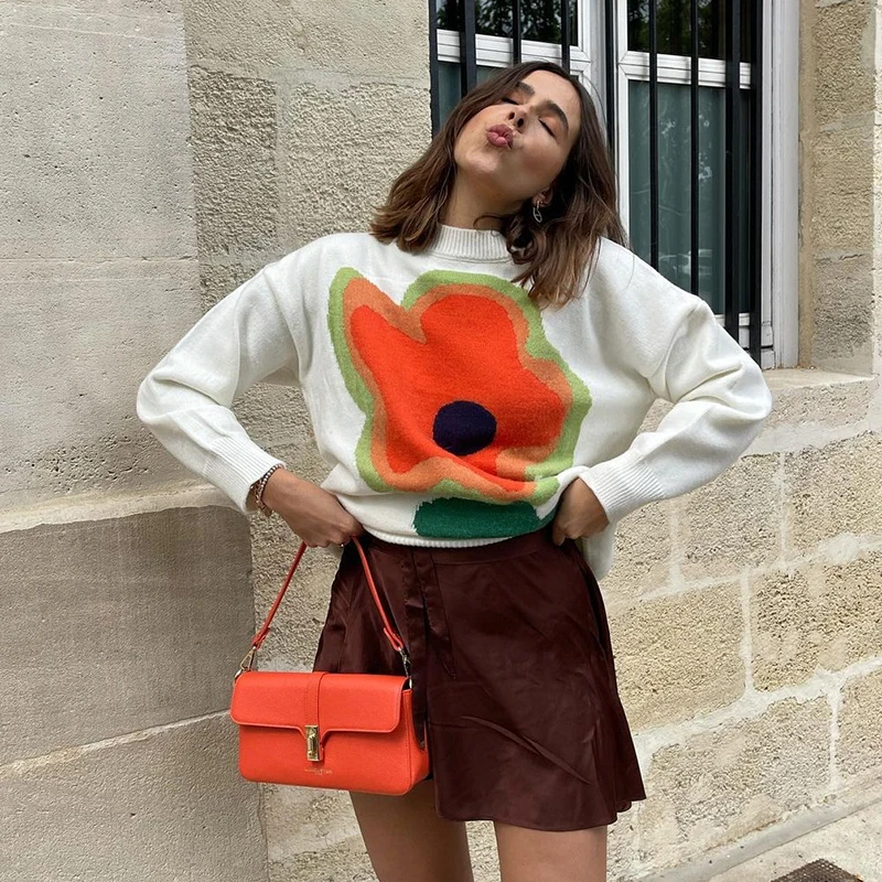 

Sunflower Print Sweater Y2K 2000S Aesthetic Autumn Winter Warm Knit Pullover Women Casual Knitwear Streetwear Outwear