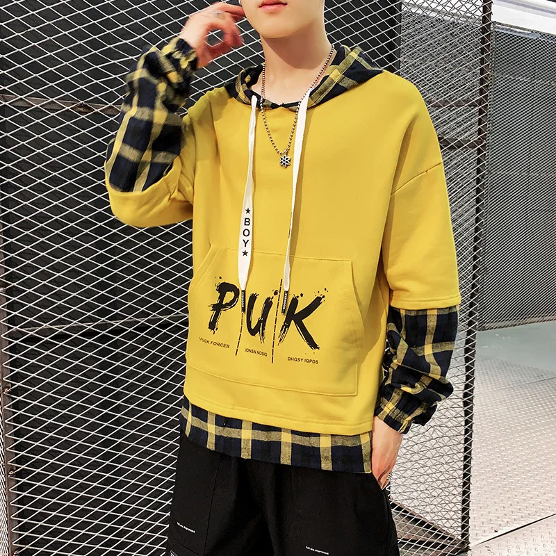 

UYUK Spring And Autumn New Korean Version Of The Lattice Stitching Long-sleeved Wear Hooded Casual Loose Hoodies