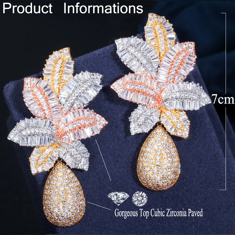 CWWZircons 3 тона золото Роскошные крупные листья капли цветок микро фианит