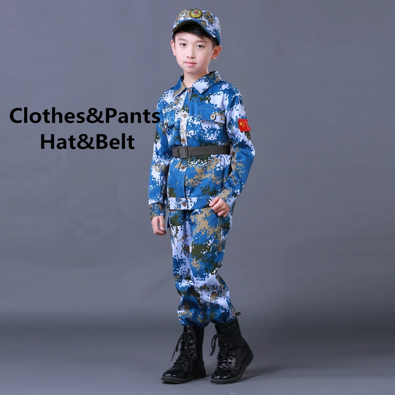 Blue set Hat Belt Детская армейская Военная униформа, одежда для солдат для мальчиков, Детская тренировочная камуфляжная длинная куртка+ штаны+ шляпа+ пояс, комплект армейской одежды - Цвет: Blue set Hat Belt