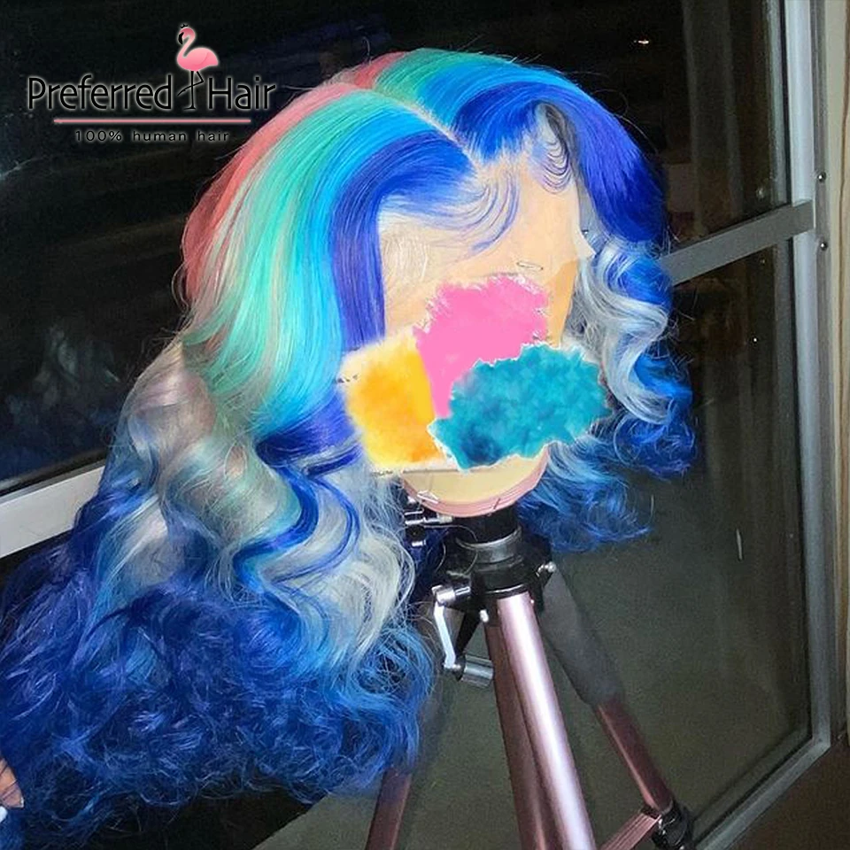 

Preferred Pre Plucked Blue Highlight Wig Green Rainbow Lace Front Human Hair Wigs Brazilian Remy Transparent Lace Wigs For Women