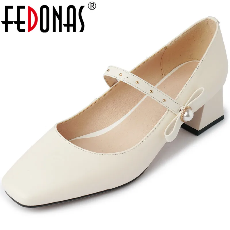 

FEDONAS Non-Slip Shoes Woman Heels 2021 Spring Pearl Decoration Pumps For Women Sweet Genuine Leather Wedding Party Women Shoes