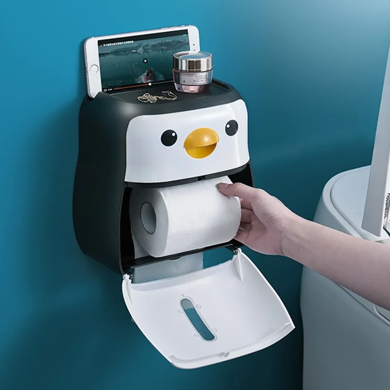 

Penguin Toilet Paper Holder Wall Mounted Punch Free Waterproof Plastic Tissue Box Home Bathroom Storage Rack Creative Portable