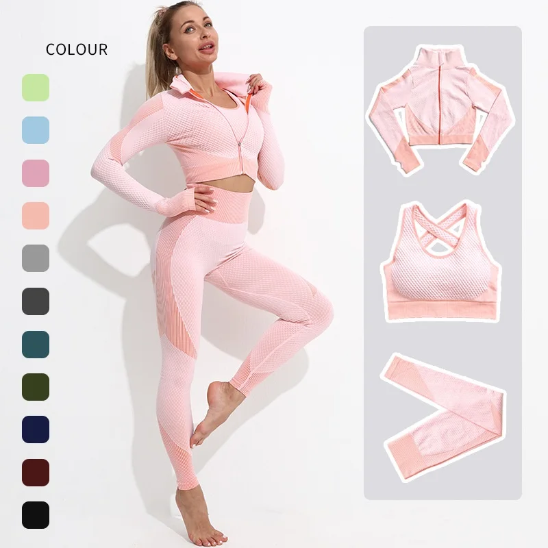 

Two Piece Yoga Set Women High Waist Seamless Leggings Sexy Sports Bra Workout Set Womens Zippper Long Sleeve Crop Top Gym Suits