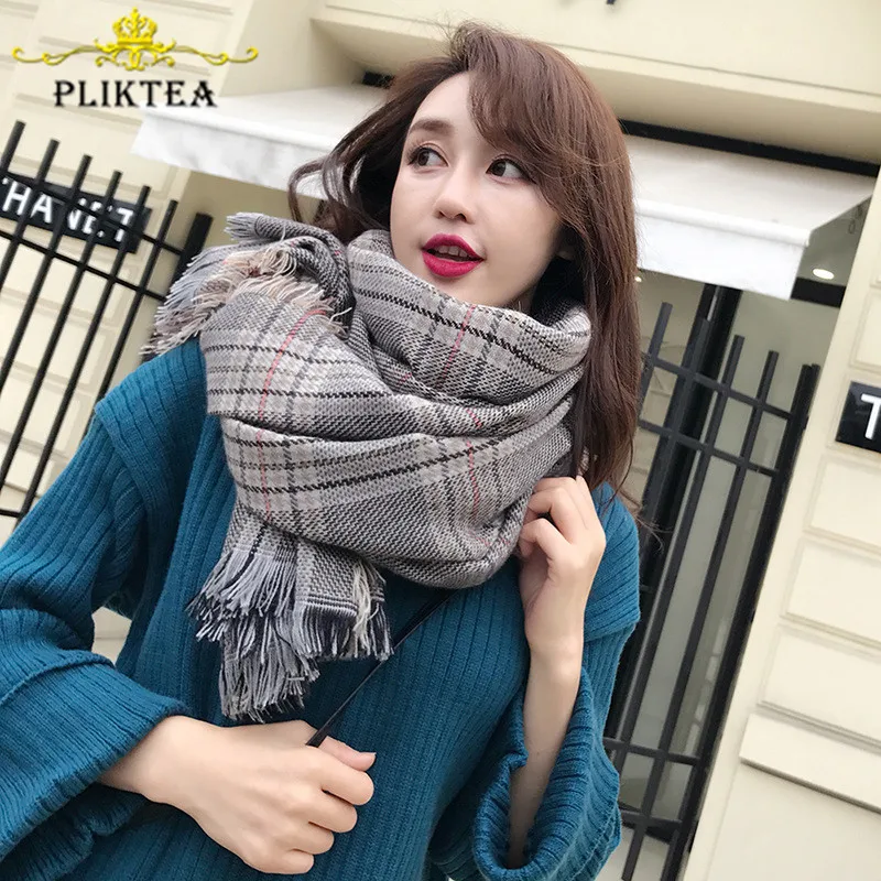 PLIKTEA серый клетчатый шарф для женщин из искусственного кашемира зимнее пончо женский Хиджаб Пашмины Шаль дамы плед палантин снуд шарфы
