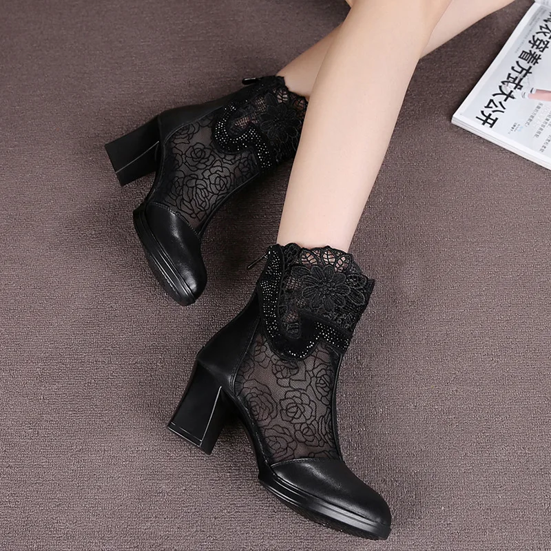 

2021 New Single Boots Lace Mesh Short Boots Fashion Hollow Women's Boots Mid-heel Mesh Boots Thick Heel Women's Shoes