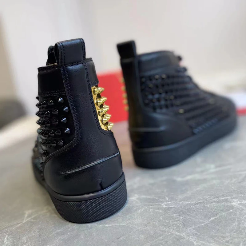 

Unisex Red Bottom High-Top Sneakers Designer Unilateral Gold Trim Rivet Men's Shoes High Quality Cowhide For Party Lovers