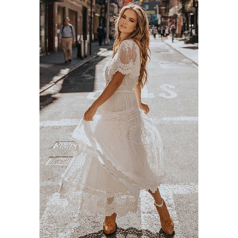 Lace Hollow Out White Ankle Length Dress Cottagecore Elegant Women Autumn Dress Plunge V-Neck Half Sleeve Lace Dress Maxi Dress