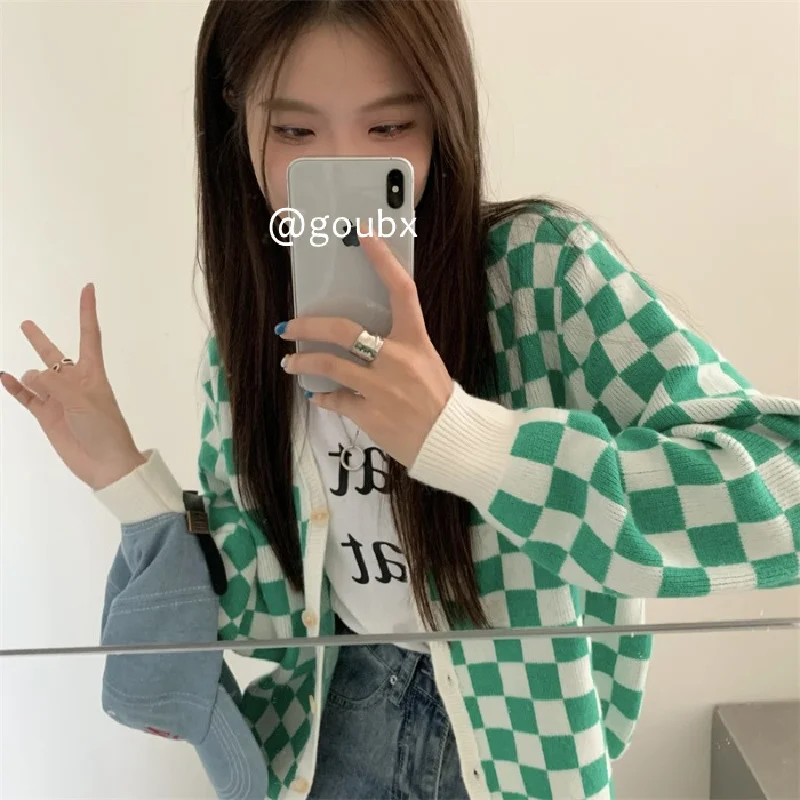 

Новинка 2021, контрастный цветной клетчатый свитер в клетку для женщин, в стиле колледжа, свободный дизайн, верхняя одежда