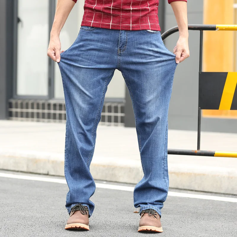 Men Straight Baggy Large Size Jeans Business Casual Washed Denim Pants Male Hiphop Skateboarder Jeans  Blue Wide Leg Jeans