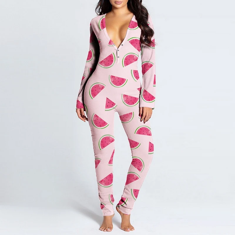 

Laamei Sexy Women's Pijamas Onesies Button-down Front Functional Buttoned Flap V-neck Pajamas Adults Jumpsuit Pyjamas Sleepwear