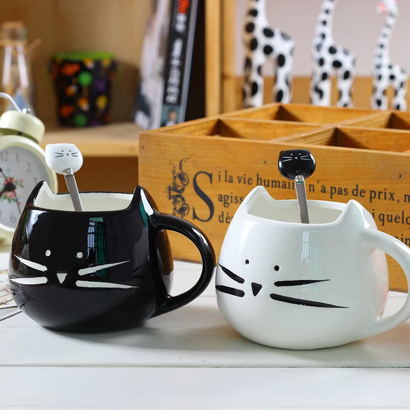 

Ceramic Cute Cat Mugs With Spoon Coffee Tea Milk Animal Cups With Handle 400ml Drinkware Nice Gifts