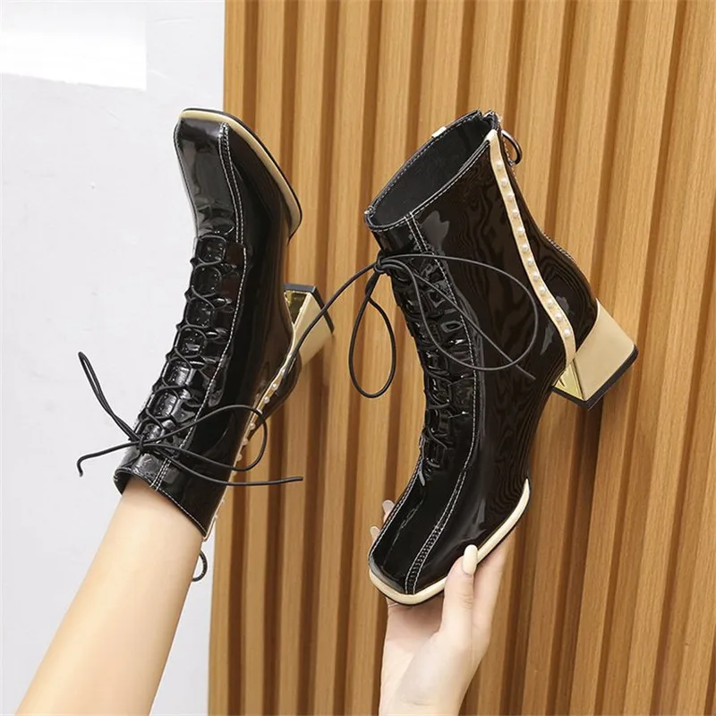 

Rimocy Women Square Toe High Heels Ankle Boots Autumn Winter Fashion Pearl Booties Woman Back Zipper PU Leather Botas Mujer 2021